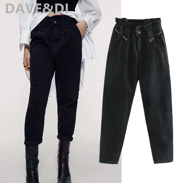 

dave&di 2020 new england vintage washed loose mom jeans woman collect waist high waist jeans rivet boyfriend for women, Blue