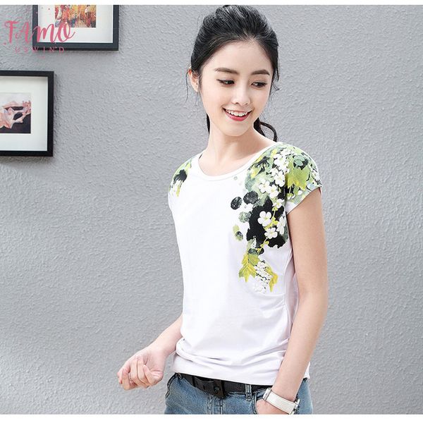

новые дамы тис лето печать белый хлопок с коротким рукавом рубашки сыпучие женщин batwing рукав футболки плюс размер tshirts, White