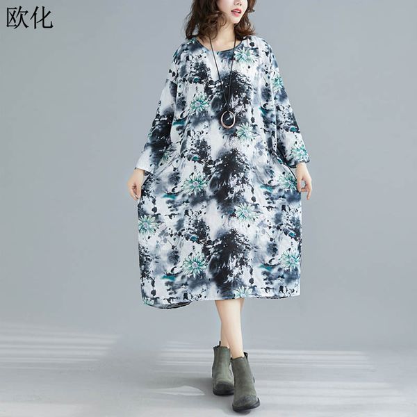 

vintage art printed women dress plus size cotton linen long sleeve long dresses 2019 autumn winter new loose dress vestidos 5xl, Black;gray