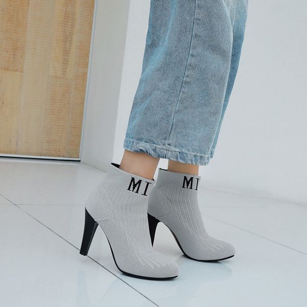 

big size 9 10 11-17 boots women shoes ankle boots for women ladies shoes woman winter knit letter sleeve thin heel, Black