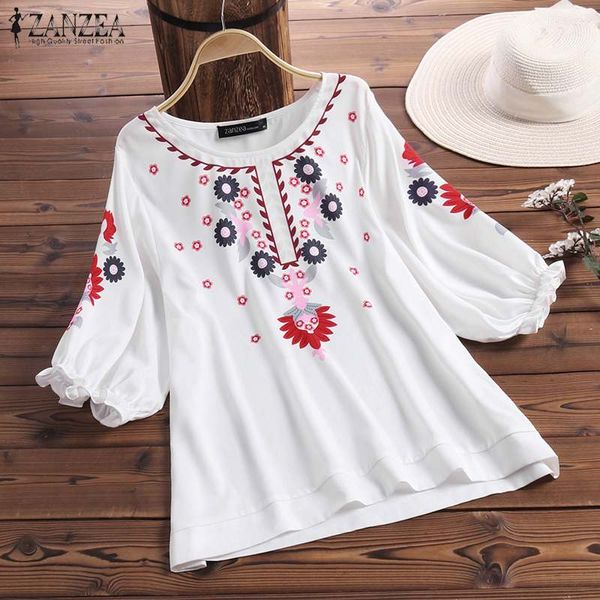 

women's blouse ethnic floral print shirt 2019 zanzea summer bohemian lantern sleeve blusas casual tunic loose chemise mujer, White