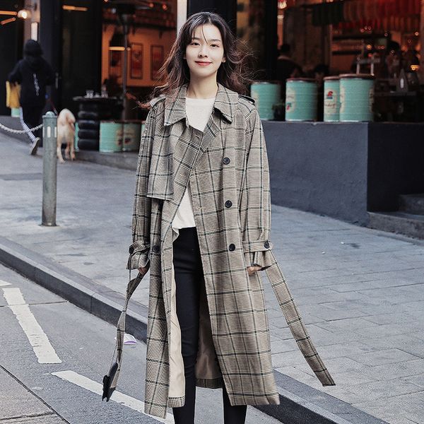

korean women clothes 2019 autumn windbreaker female long coat new style plaid double breasted belt adjustable waist trench coat, Tan;black