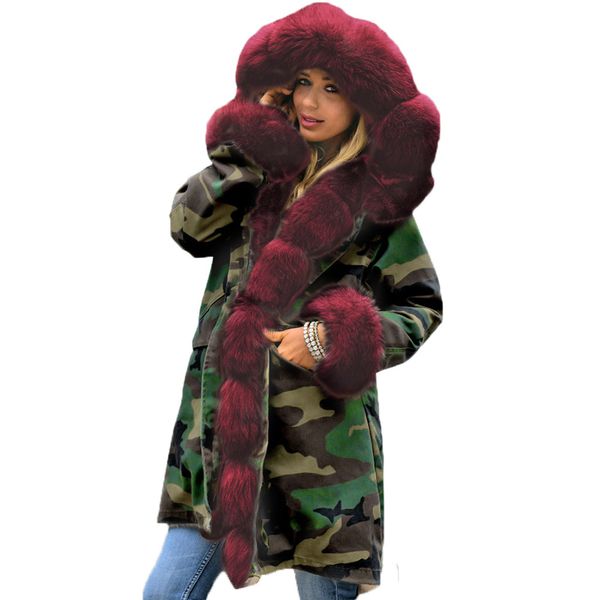 

women's long camouflage hooded fur collar cotton-padded jacket, Black