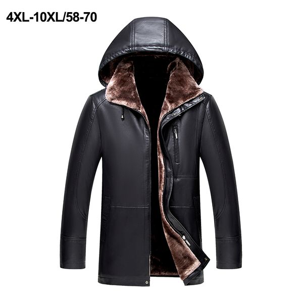 

2019 new men leather jacket faux sheepskin coat winter leather coat overcoat motorcycle jacket hooded plus size 4xl-10xl, Black