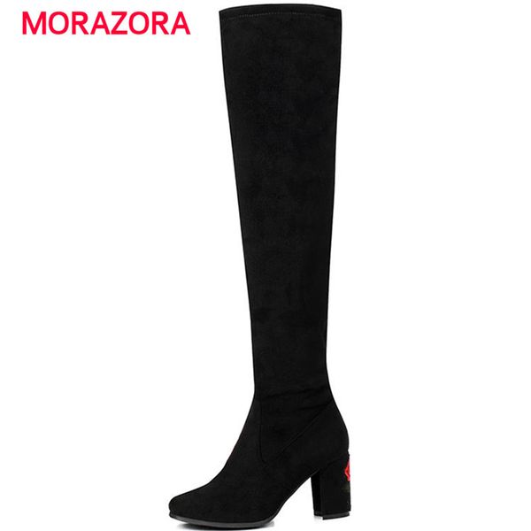 

morazora big size fashion square heel over the knee boots autumn winter round toe high heel boots pu leather, Black