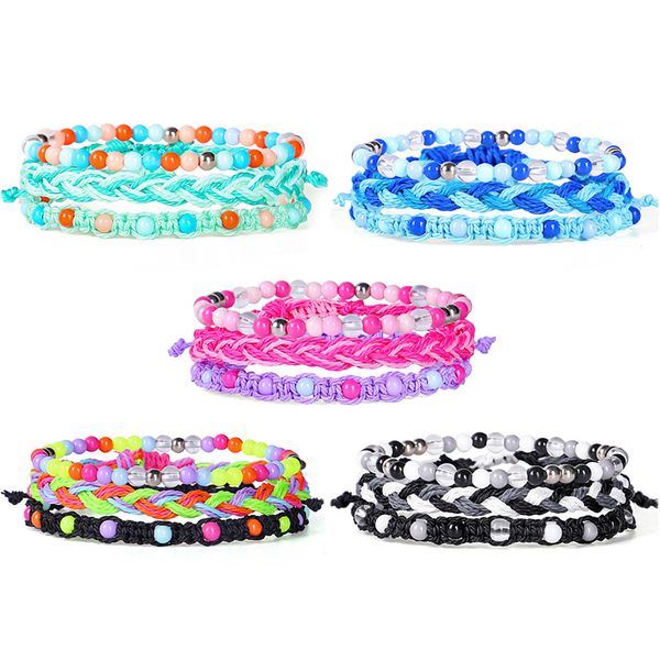 

3pcs/set bohemia handmade diy bracelet wax thread woven hand chain friendship bracelet adjustable colorful beads hand rope for women jewelry, Black