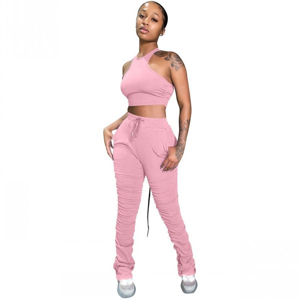 

2020 women fashion clothing sets solid tight tank vest sleeveless 2 piece set pant summer pleated trouser sports crop outfit, White
