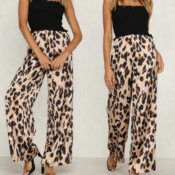 

fashion womens leopard print wide leg pants high waist flared trousers loose long pants, Black;white