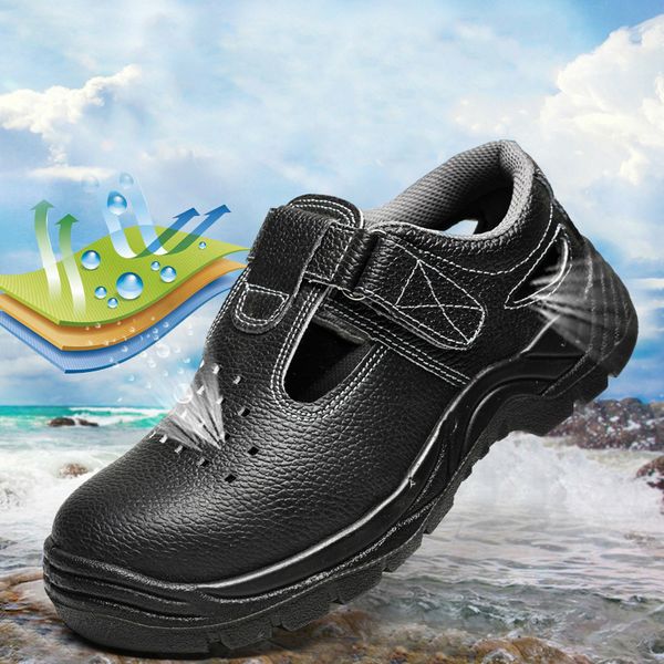 

plus size men leisure steel toe covers work safety shoes soft leather sandals construction site worker security boots protection, Black