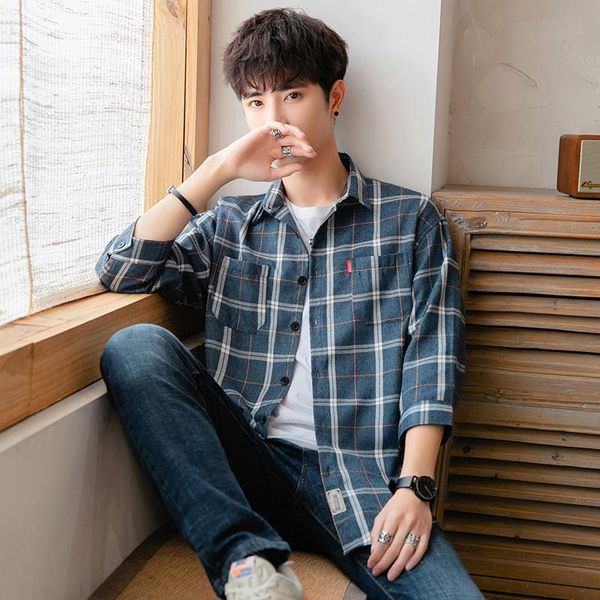 

мужские рубашки шотландки 2020 летом случайные семь-точка рукав корейский тонкий рубашка двойной карман мужчин, White;black