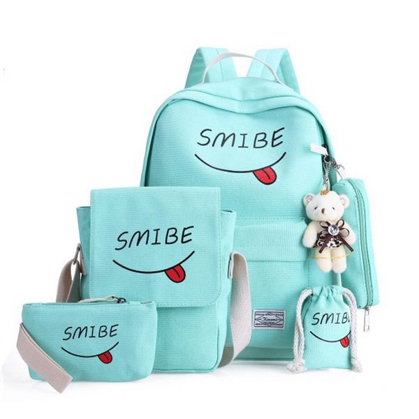 

loozykit 5pcs/set women backpack women's bag canvas printing smile school bags for teenage girls backpacks mochila mujer solid