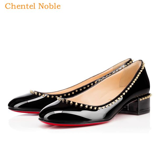 

chentel ladies shoes women gold rivet patent leather med heels pigalle fashion wedding shoes women pumps 35-42 size, Black
