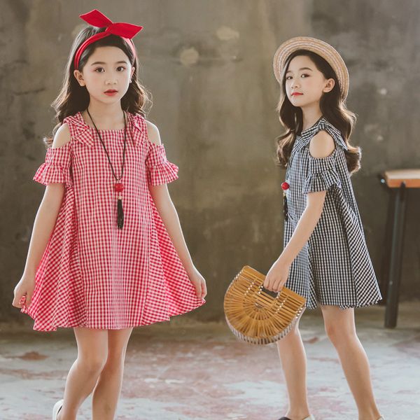 

2019 summer new style children shirt girls off-shoulder plaid dress children sweet girl a- line skirt, Red;yellow