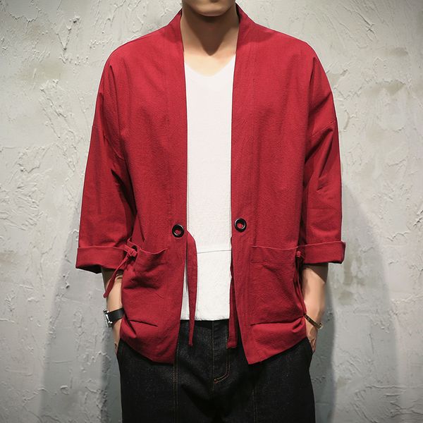 

cotton linen shirts men kimono traditional open stitch shirt belt pocket male three quarter sleeve shirt harajuku, White;black