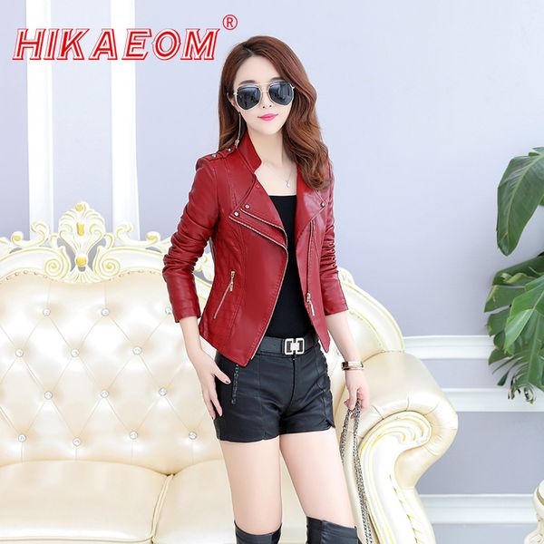 

женщины дамы короткие кожаные куртки пальто молнии байкер мото случайные слои карманы топ встать воротник пальто и пиджаки новое поступление, Black