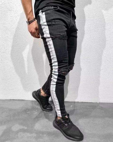 

slim fit ripped jeans mens clothing fashion high street knee holes white striped designer black jeans, Blue