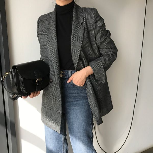 

women's suits & blazers vintage double breasted office ladies plaid blazer long sleeve loose houndstooth suit coat jacket women female, White;black