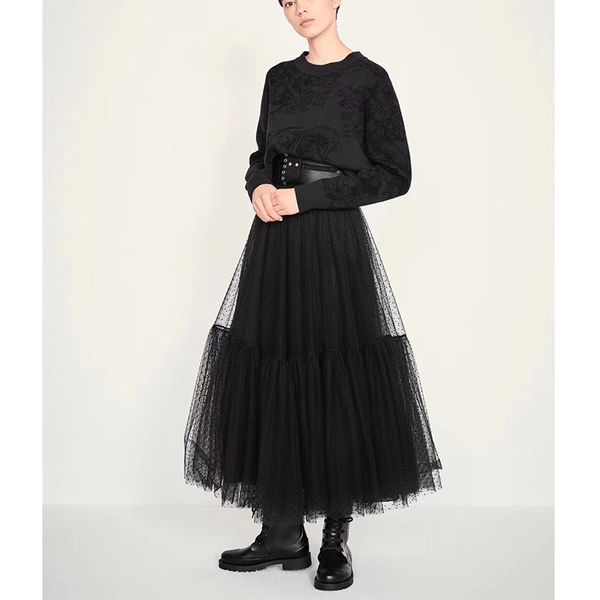 

cosmicchic 2020 runway designer women black long tulle skirt high waist pleated polka dot maxi skirt lolita saia jupe faldas