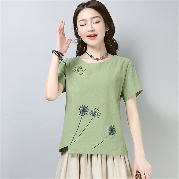 

yuansu short-sleeved women's embroidered t-shirt and chinese style plate clothing and cotton linen cotton linen buckle large size women, White