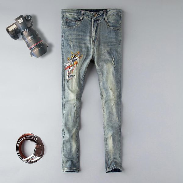 

2019 straight jeans men 3d embroidery cotton elastic brand male denim trousers sky blue homme full length plus size 29-38 jeans