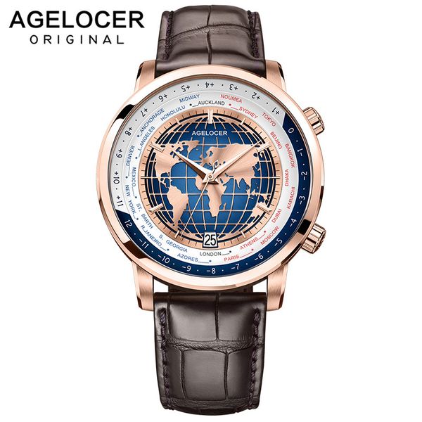 

agelocer brand designer luxury gold men's watch with world time date power reserve automatic luxury watch waterproof, Slivery;brown