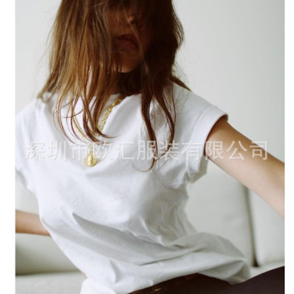 

2020 summer espera cotton tee solid color casual o neck embroidery front short sleeve curved seams armhole tshirt, White
