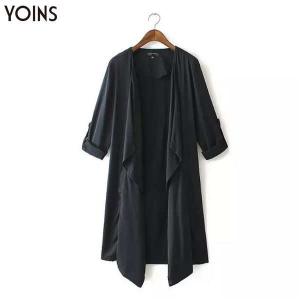 

yonis 2019 autumn winter spring women trench coat mid-long long sleeve button tab draped lapel blazer coat casual outwear jacket, Tan;black