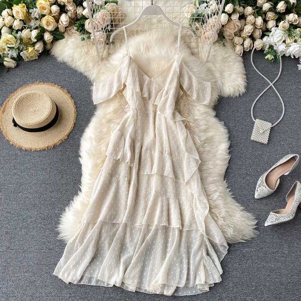 

fmfssom summer spring spaghetti strap multi ruffles v-neck backless women female a-line high waist midi dresses, Black;gray