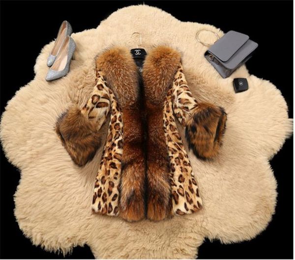 

женские леопардовые печати искусственного меха роскошные женские v шеи теплая верхняя одежда женская мода дизайнер панелями пальто, Black