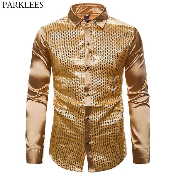 

luxury gold sequin silk dress shirts men long sleeve button down disco dancer shirt for male chemise stage party prom costume, White;black