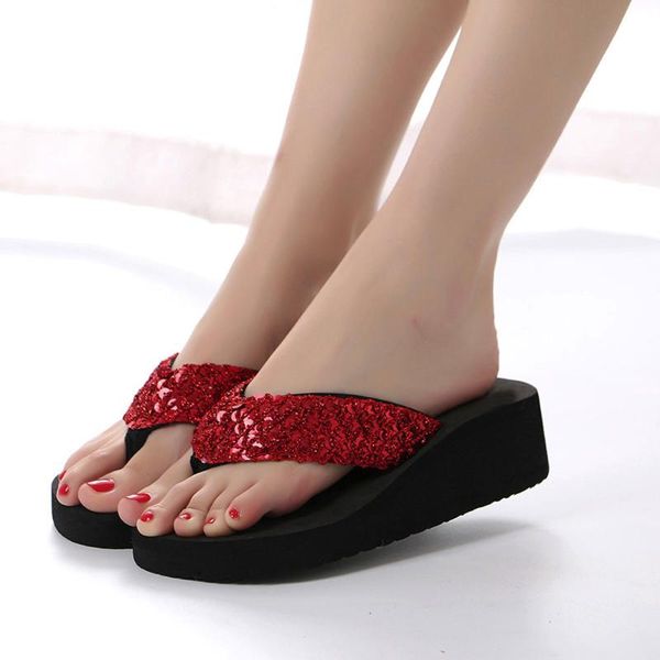 

sequins flip-flops women shoes summer 2020 casual beach wedge shoes indoor outdoor woman ladies slippers zapatos de mujer, Black