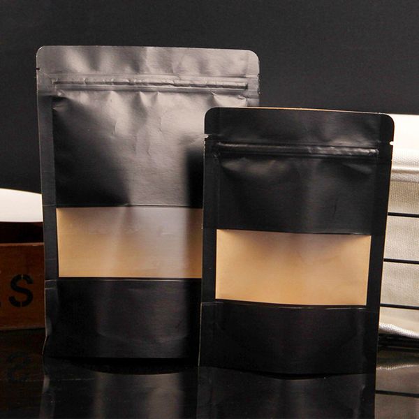 

50pcs/lot mablack stand up paper frosted window bag snack cookie coffee packaging bag doypack paper gift window pouches