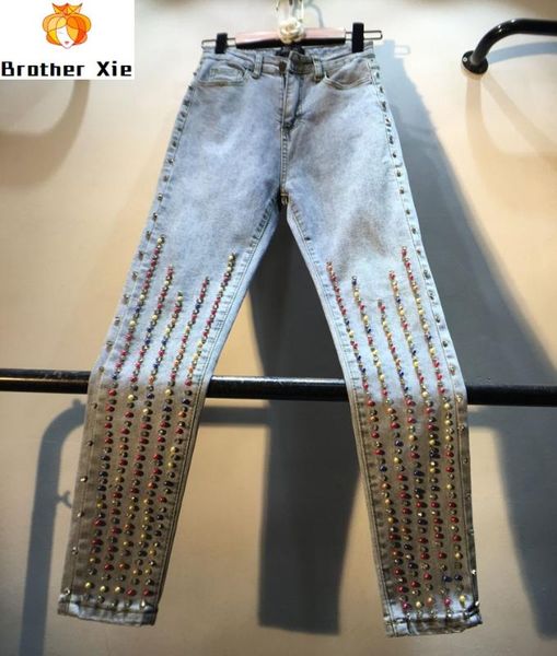 

jeans women european style new industrial color beads high waist jeans slim fit elasticity skinny denim pants ladies pencil pant, Blue