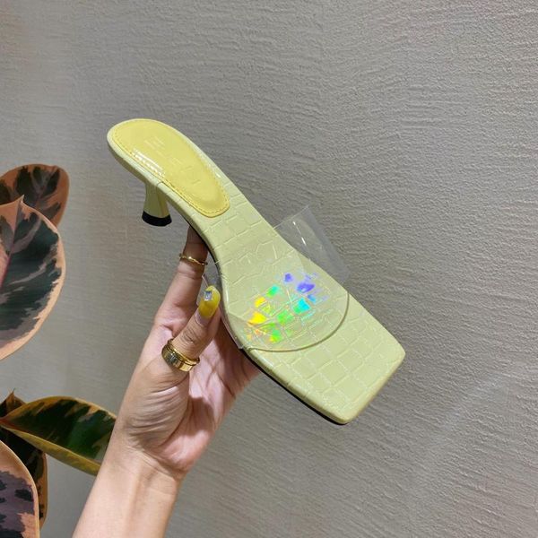 

transparent slippers high-heeled shoes lady glitter slides slipers women fashion heels flat jelly 2020 square pu fabric, Black