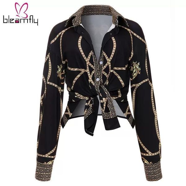 

2017 new autumn deep v neck full long sleeve blouse shirt women gold chain printed causal female clubwearbasic shirt, White