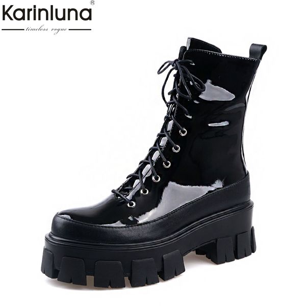

women's 2020 fashion genuine leather motorcycles boots chunky heels ankle boots woman shoes platform shoelaces shoes women, Black