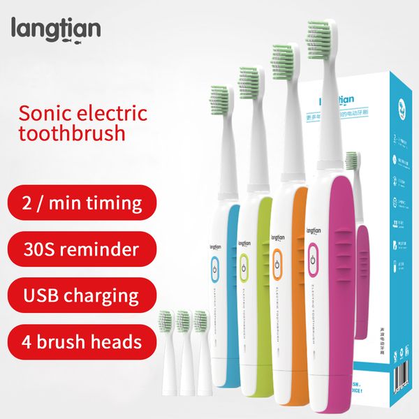 

langtian ultrasonic sonic electric toothbrush rechargeable tooth brush clareamento dental 4/8 pcs heads 2 minutes timer escova