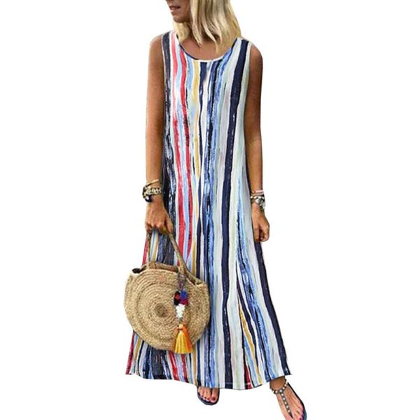 

women boho long maxi dresses summer party beach printed sundres painted striped dress