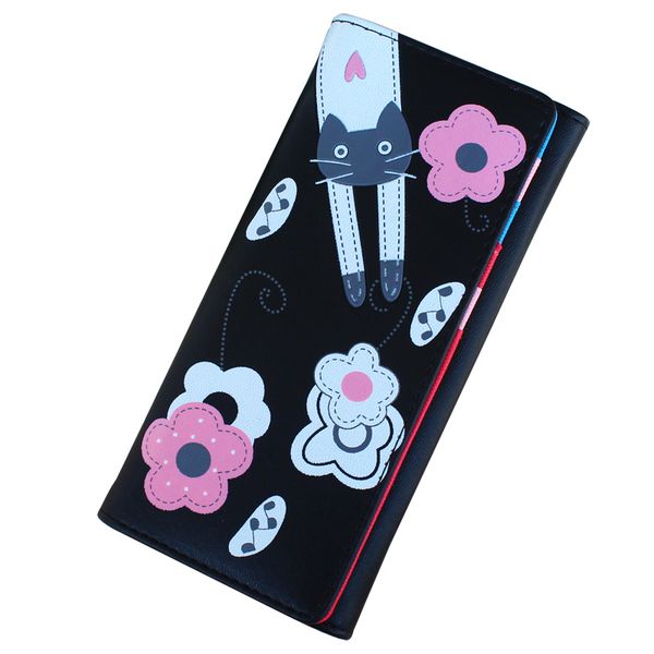 

fashion women wallets long lady purses floral cat pattern coin purse pocket cards holder girls wallet pu leather moneybags burse, Red;black