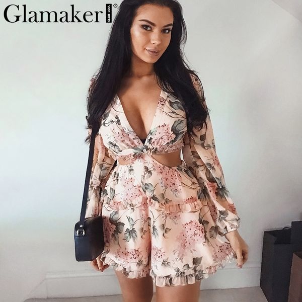 

glamaker backless chiffon v neck short jumpsuit women lace up ruffles beach playsuit female elegant summer party romper overalls y190502, Black;white