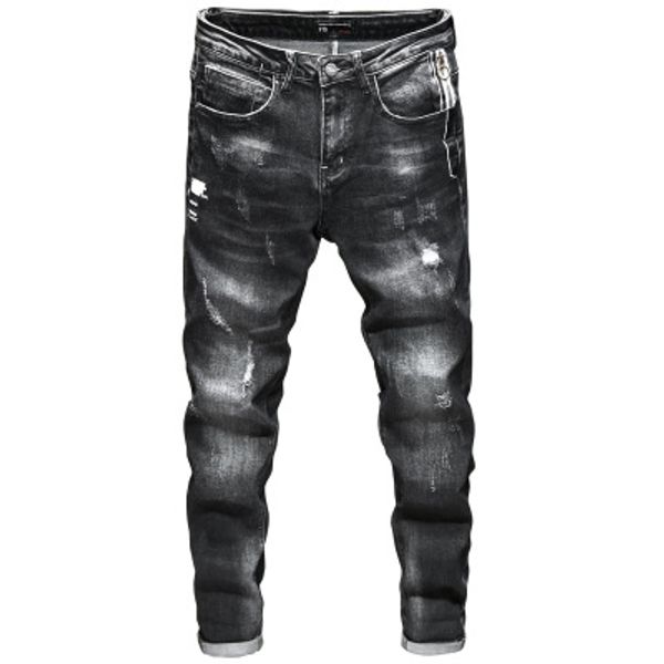 

новые черные джинсы с джинсами прямые ноги моды износа дыры мужских тонких поножами мужских брюками с отверстиями, Blue