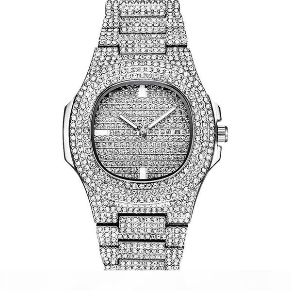 

fashion men silver date watch stainless steel analog quartz wristwatch luxury diamond watches crystal rhinestone business clock, Slivery;brown