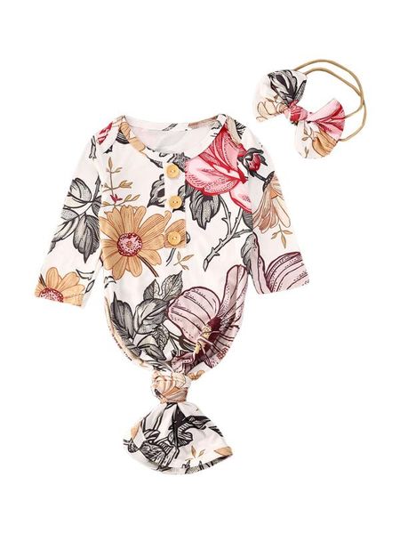 

new toddler kids floral sleepbag cotton baby grils blanket swaddle wrap gown 2pcs outfits set sleepbag+ headband set