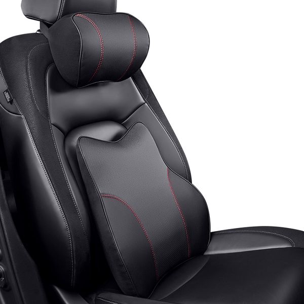 

2 pcs car pillow auto neck pillow headrest back support lumbar cushion memory cotton pu leather set business style