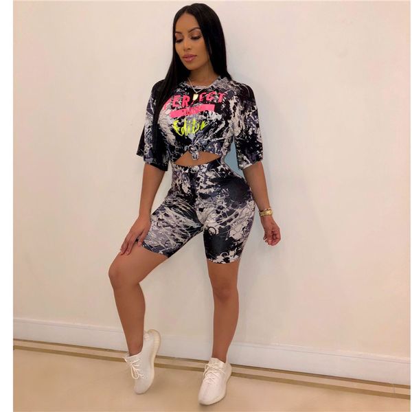 

Summer Womens Tracksuits Letter Printed Tie Dye 2Pcs Sets Casual Female Sports Set