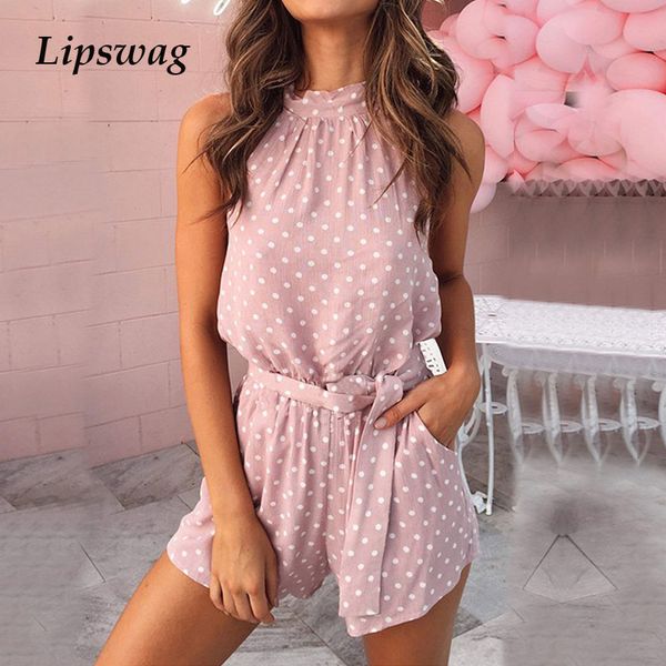 

lipswag women polka dot belted jumpsuit playsuits elegant halter backless jumpsuit rompers summer sleeveless pocket playsuits, Black;white
