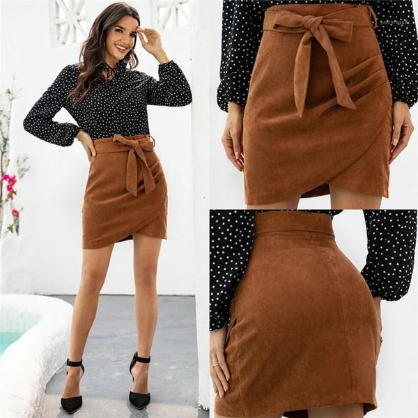 

casual skirts irregular side press one step skirts womens designer skirts brown color with bow belt, Black
