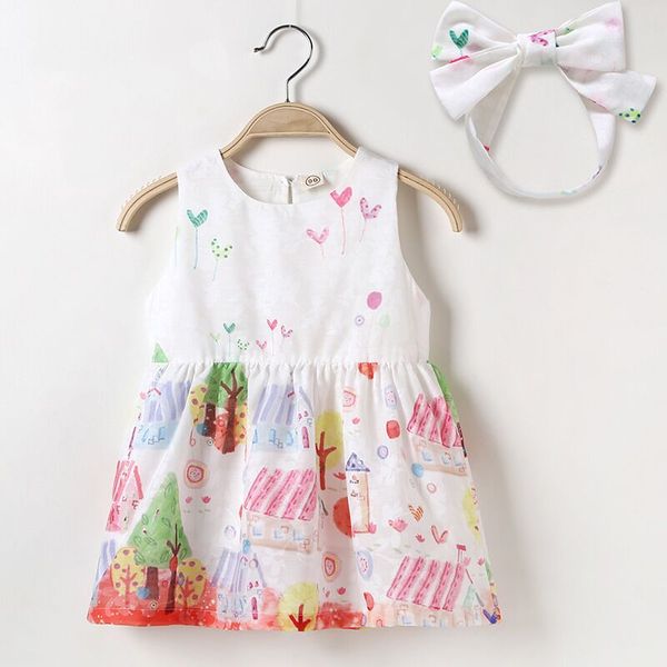 

toddler girls summer dress cartoon pattern sleeveless girls dress with headband princess tutu for kids clothes, Red;yellow