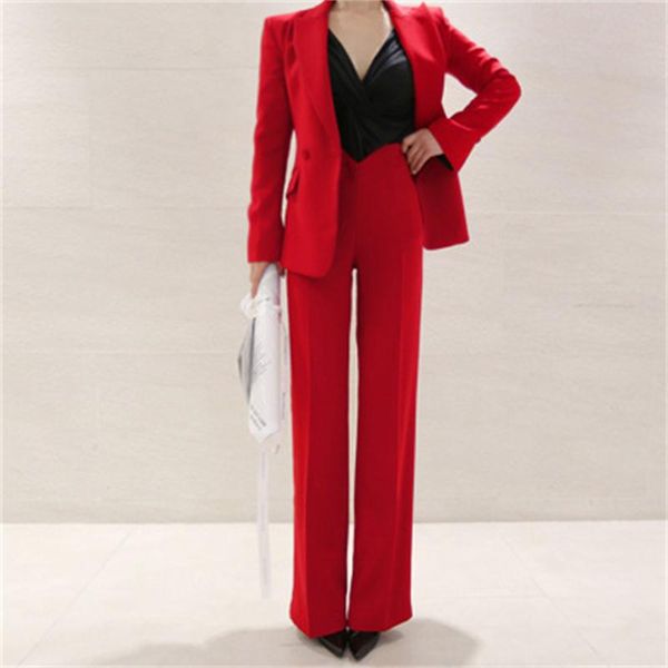 

fashion suit suits female spring new korean red double-breasted blazer + high waist casual wide-leg pants two-piece suit, White;black