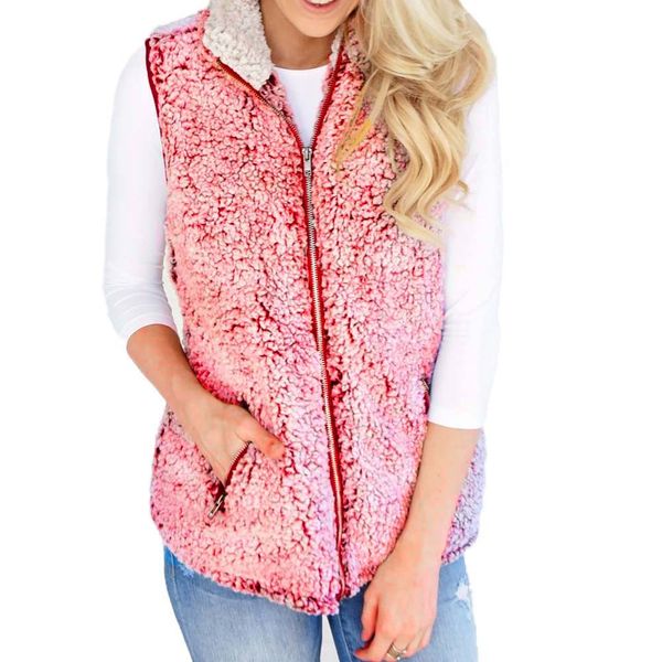 

women's casual vest winter warm coat faux fur zipper sherpa jacket, Black;white